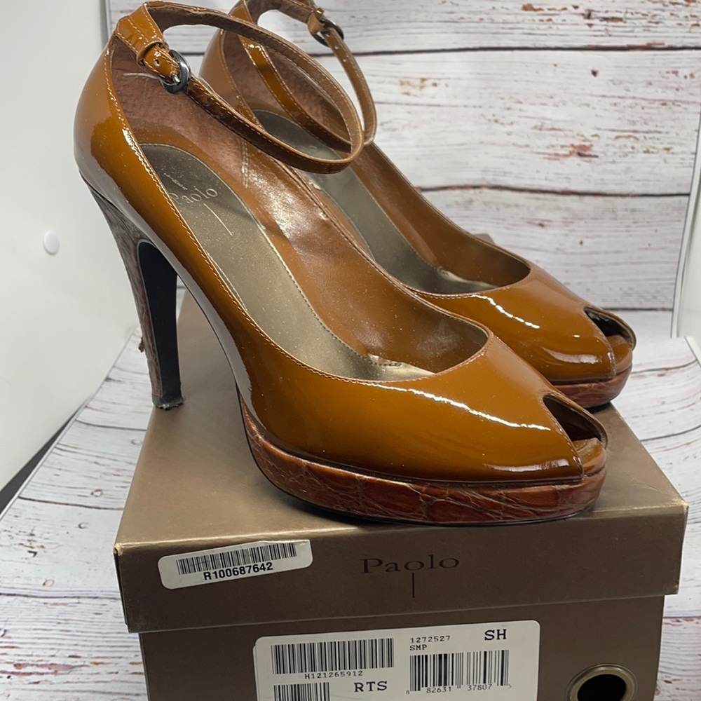 Paolo Cognac patent peeptoe ankle strap hills